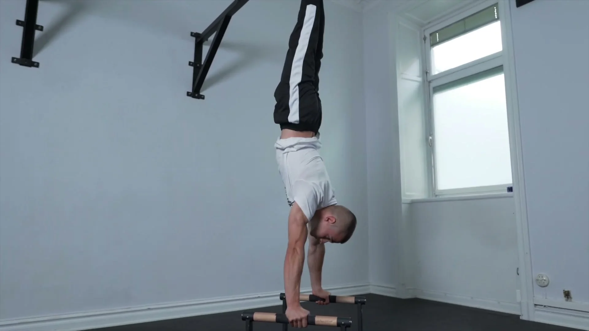 Daniel Hristov in a handstand on parallettes: body fully inverted with straight arms, legs together pointing upward, showing the starting position for handstand negatives to straddle planche