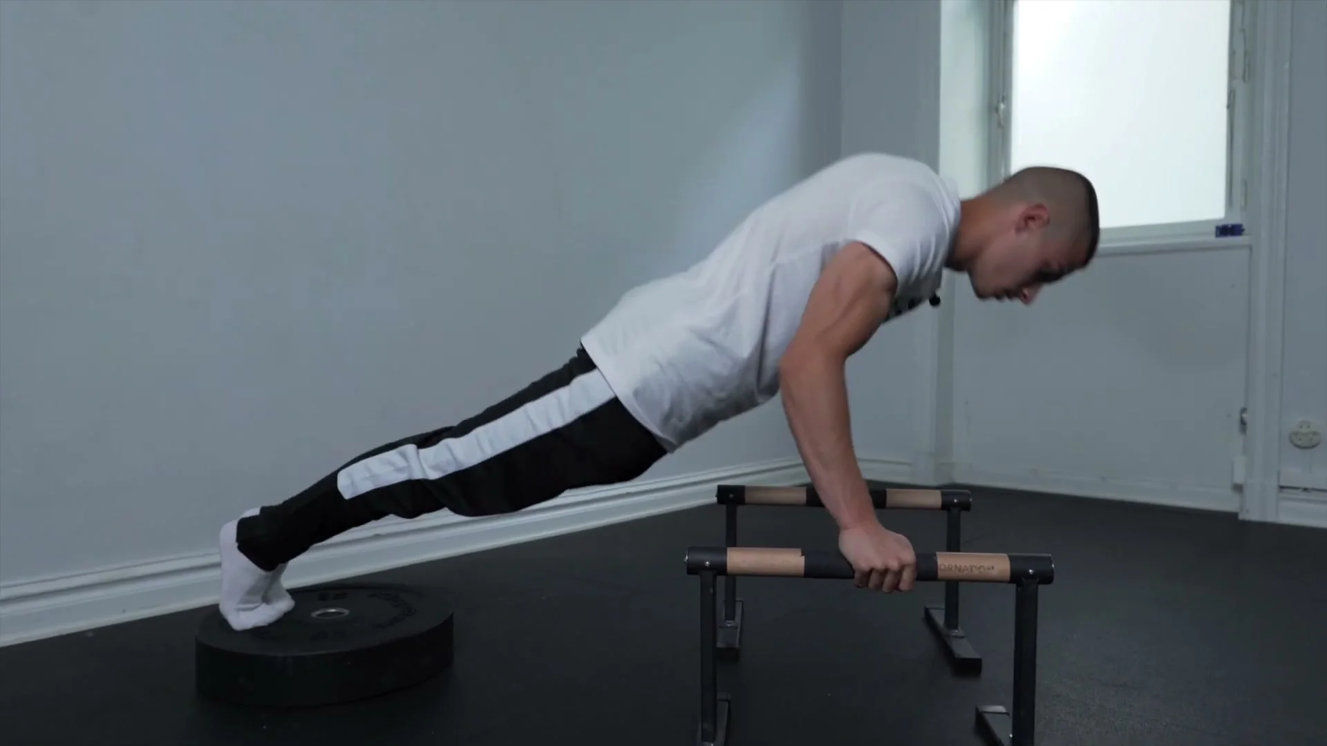 Daniel Hristov performing a deep lean push-up on parallettes: body in a straight forward-lean with elbows and biceps facing forward, feet flat on the floor, demonstrating the fourth planche hold exercise