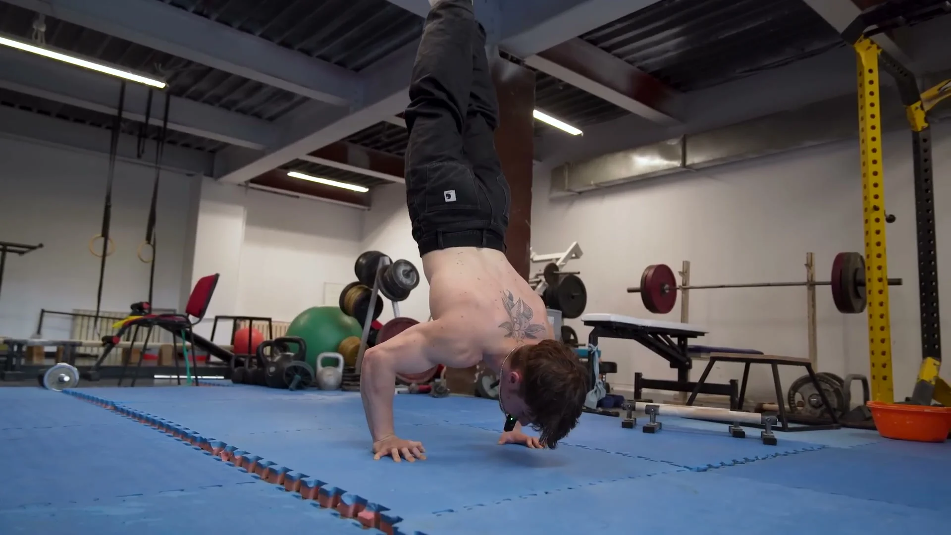 Nathan Bosech performing a handstand push-up with active finger grip on the floor