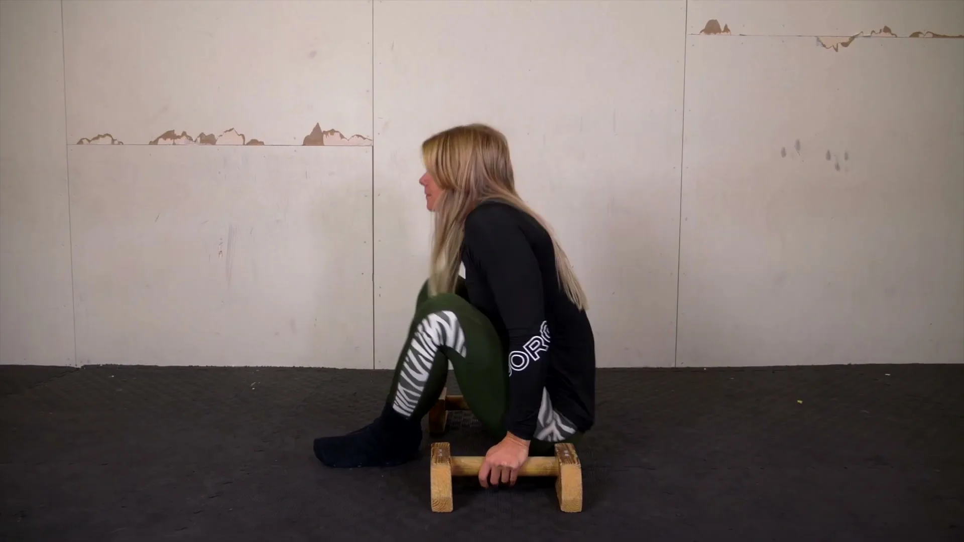 Malin Malle Jansson demonstrating the V-sit: body balanced on hands, both legs raised and fully extended forward above horizontal in the V-sit position