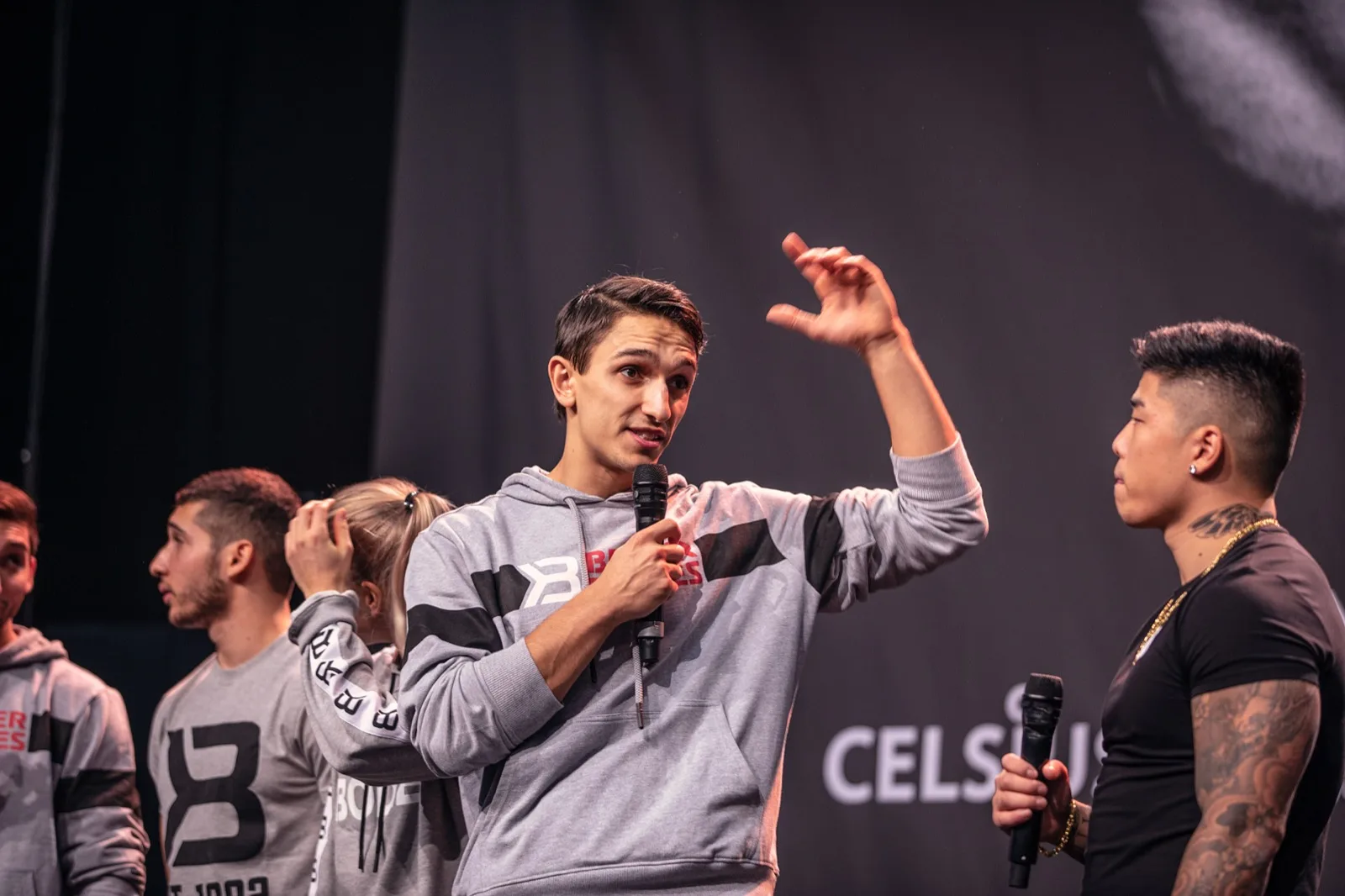 Daniel Flefil hosting Beast of the Barz calisthenics competition on stage in Stockholm